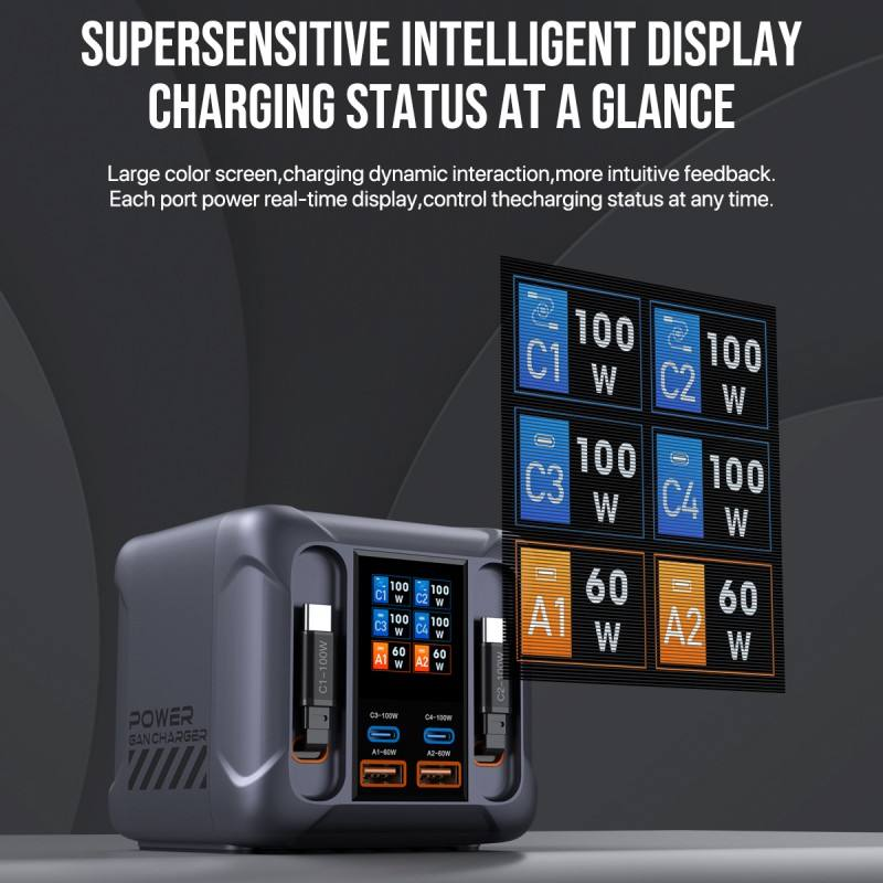 6Ports GaN 300W Digital Display Charging Station With Retractable USB-C Cable 