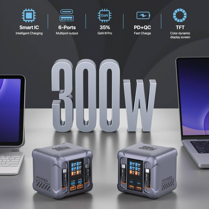 6Ports GaN 300W Digital Display Charging Station With Retractable USB-C Cable 