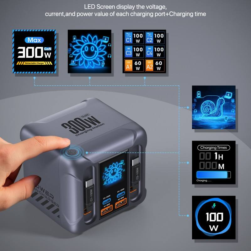 6Ports GaN 300W Digital Display Charging Station With Retractable USB-C Cable 