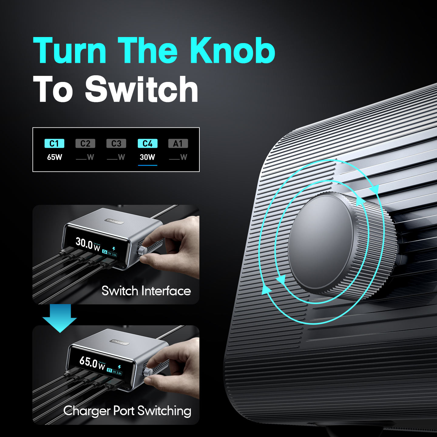 5 Ports GaN 100W LCD Smart Display & Control Knob Fast Charger