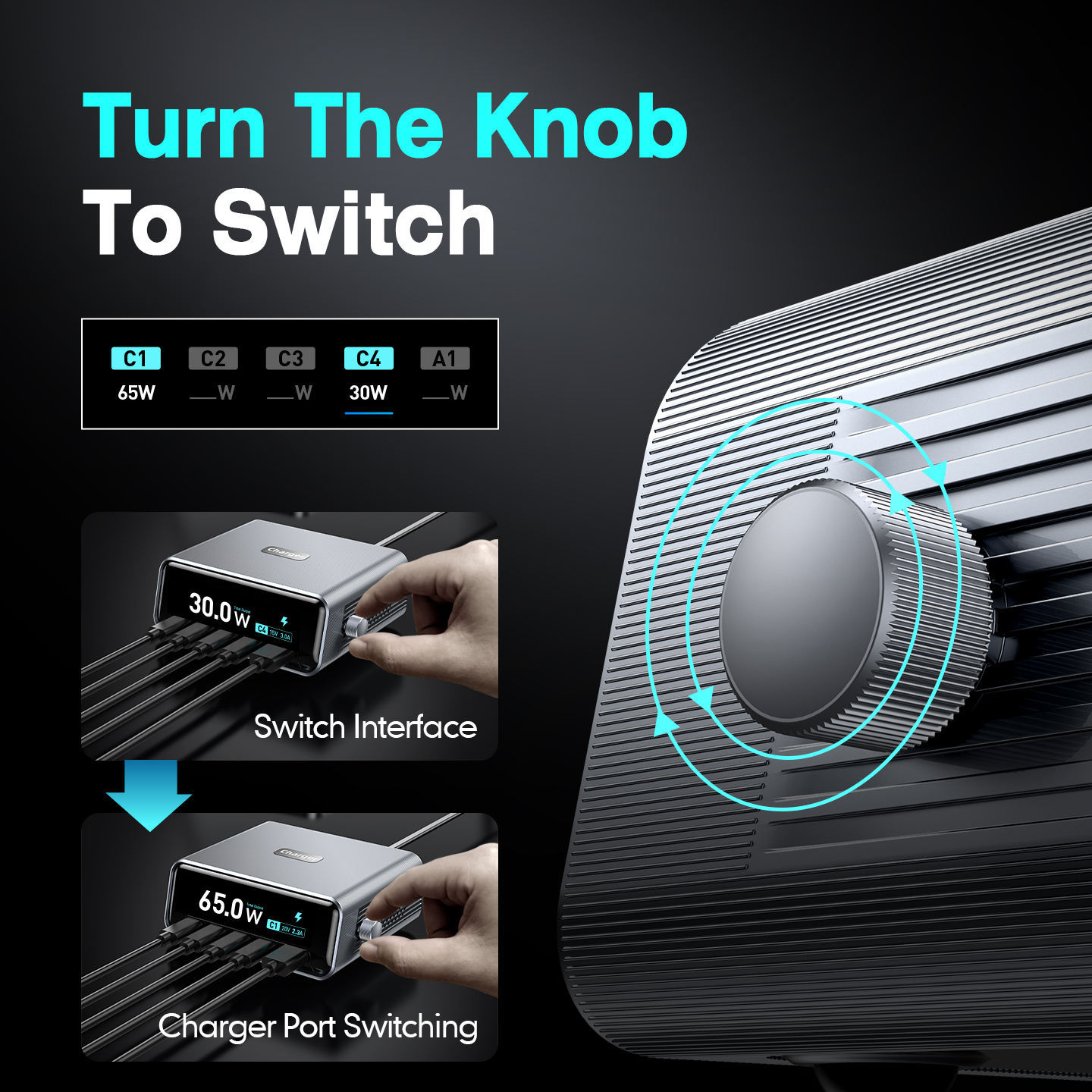 5 Ports GaN 100W LCD Smart Display & Control Knob Fast Charger