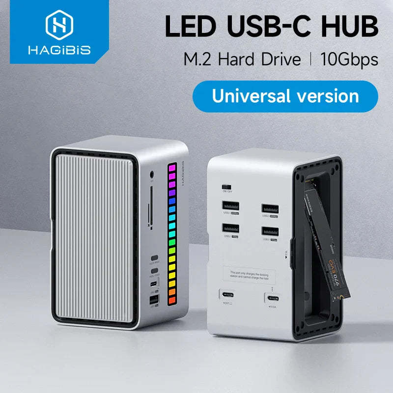 Hagibis USB C Docking Station with LED Strip Light & M.2 NVMe/SATA SSD Enclosure
