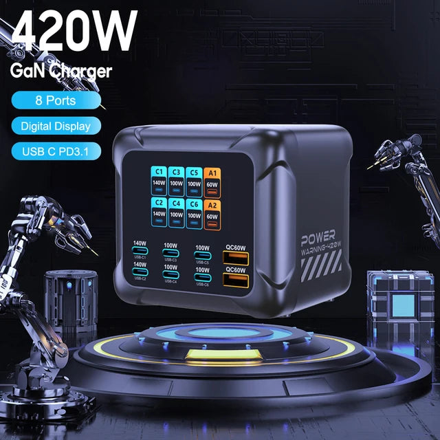 Compact 420W 8Ports Charger With Digital Display Screen