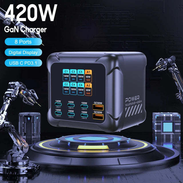 Compact 420W 8Ports Charger With Digital Display Screen