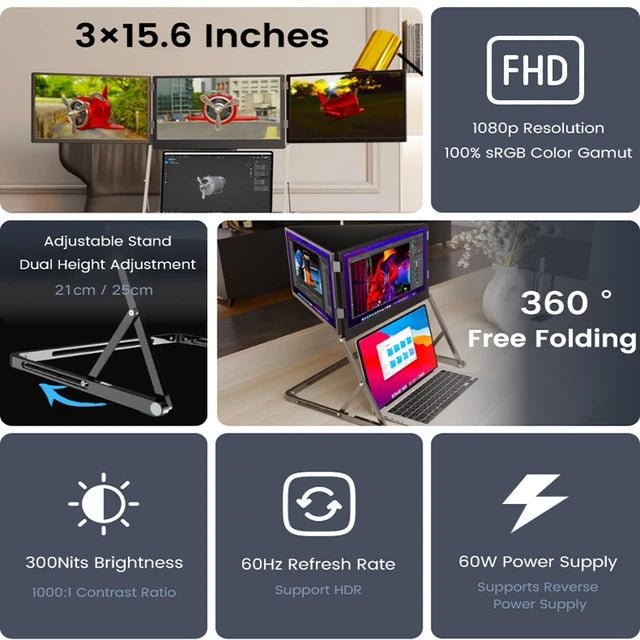 15.6 Inch Three Screen Display Portable Monitor