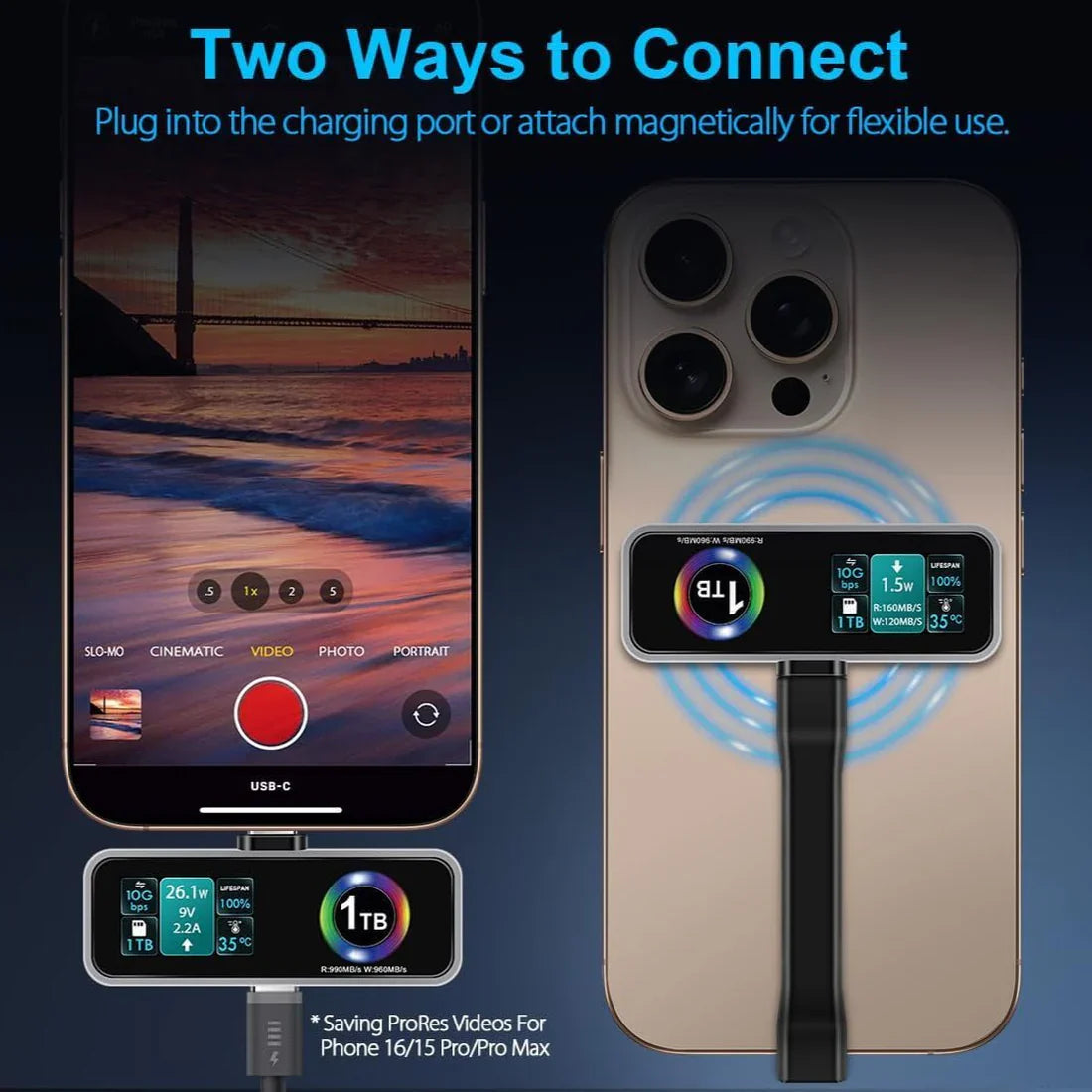 Portable Magnetic iPhone SSD with LCD Display & Built-in Cooling Fan