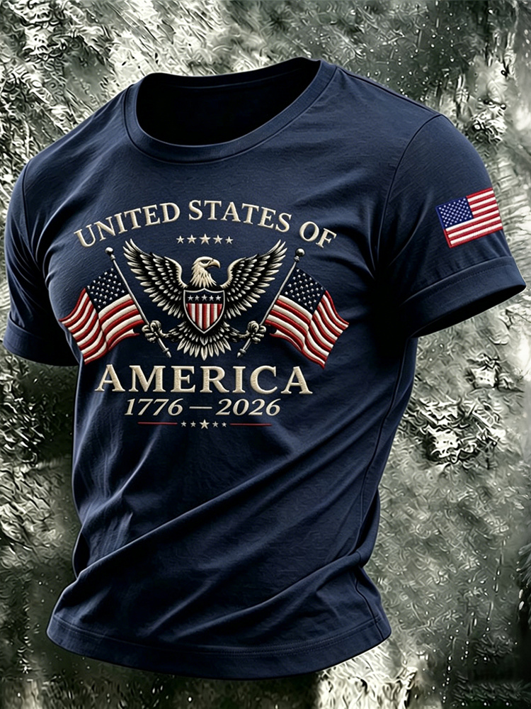 Men's Usa Anniversary With Eagle Flag Vintage Print Casual T-shirt