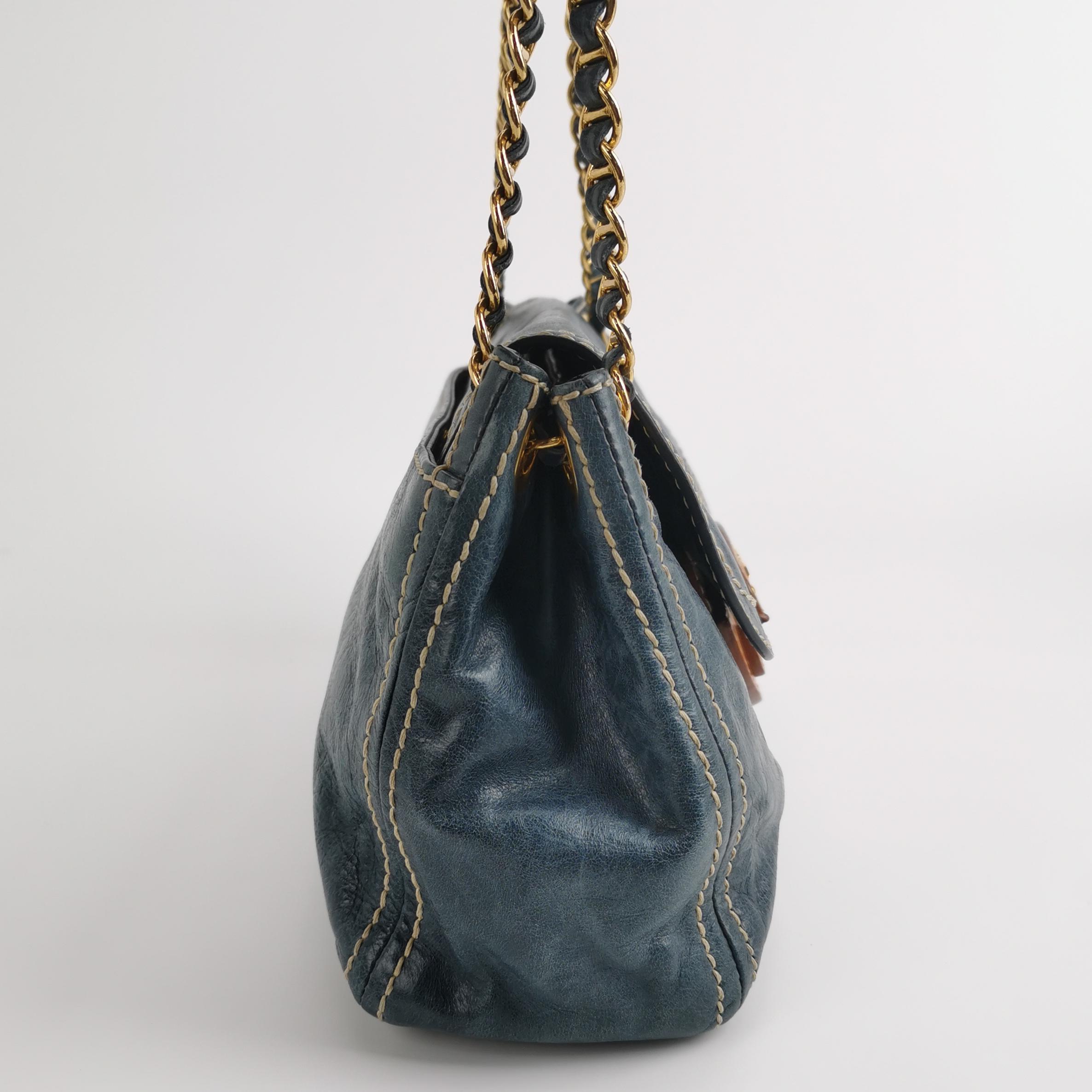 Prada Vitelloshine Chain Shoulder Bag Leather Navy — photo 3 of 25