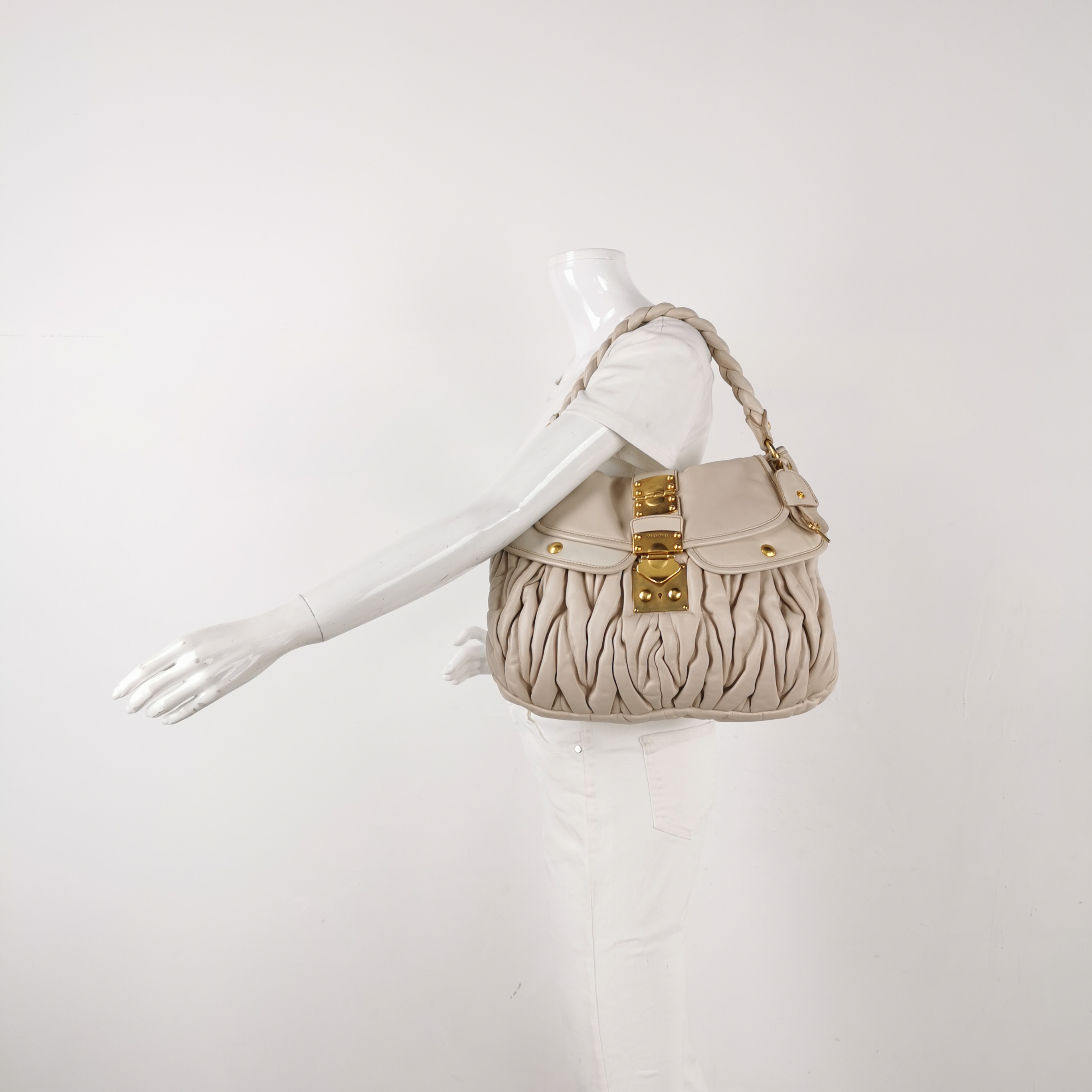 Miu Miu Coffer Matelassé Lambskin Shoulder Bag with Braided Handle, Cream