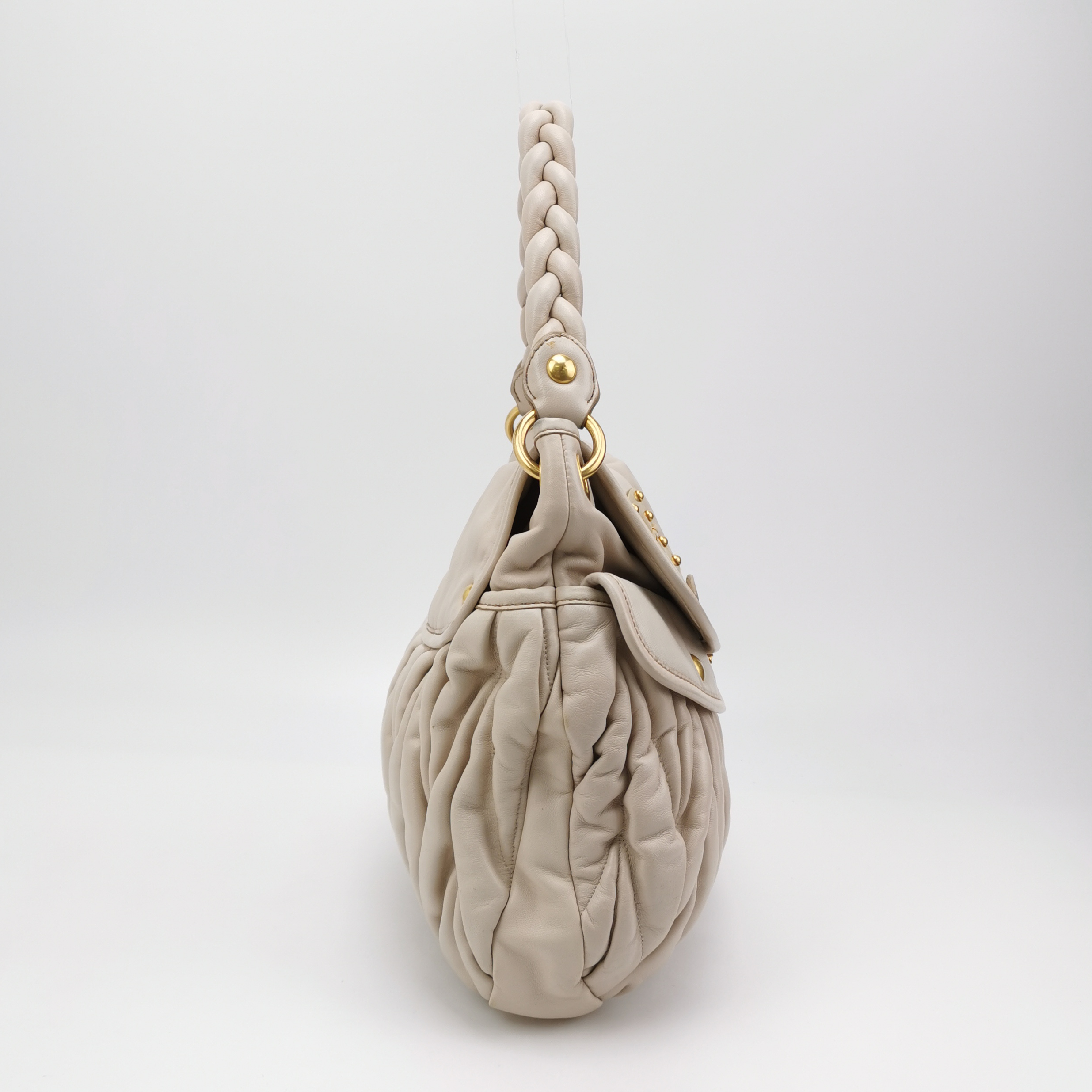Miu Miu Coffer Matelassé Lambskin Shoulder Bag with Braided Handle, Cream