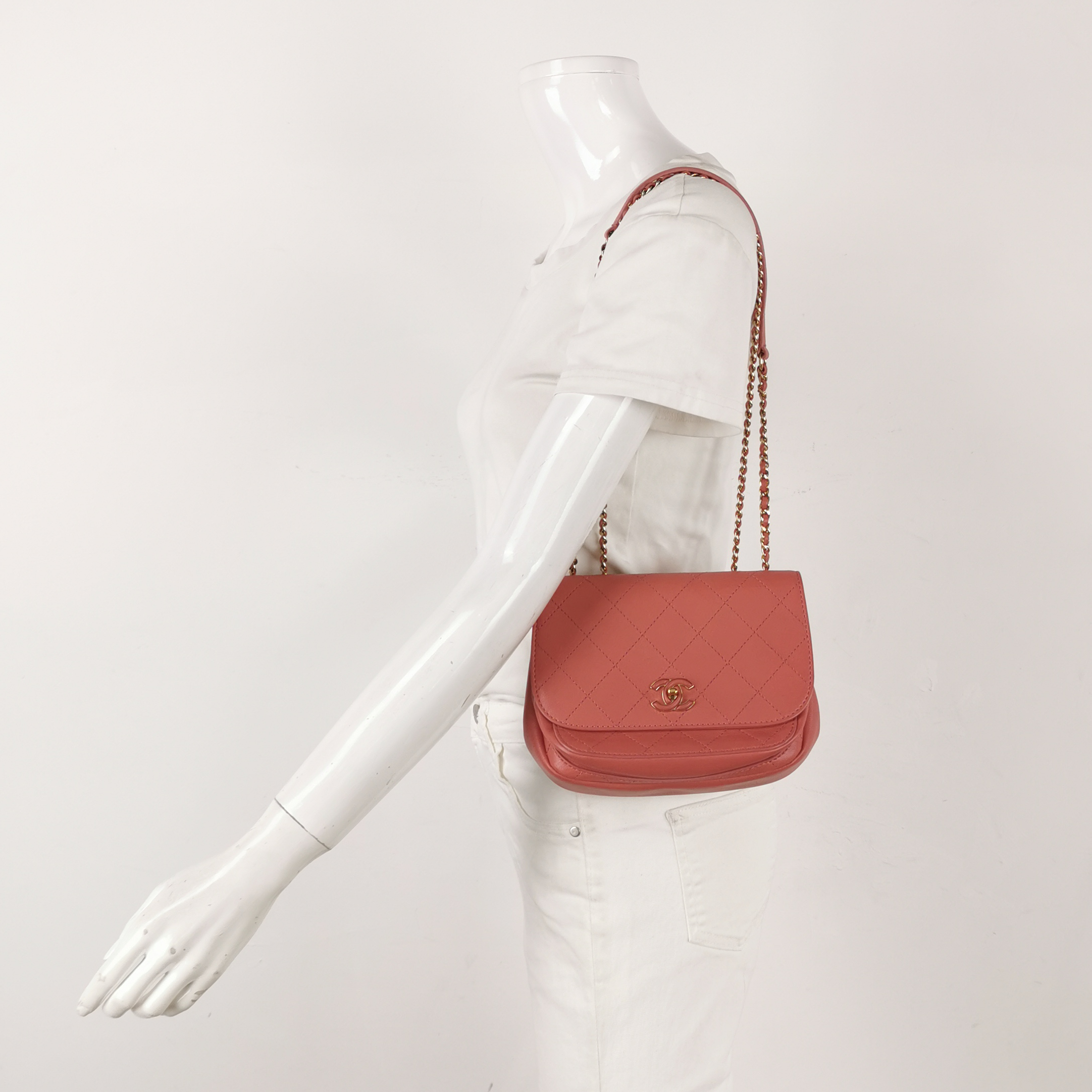 Chanel Quilted Calfskin Double-C Turn-Lock Flap Shoulder Bag, Coral (2019)