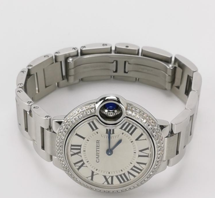 Cartier Ballon Bleu Ladies' Quartz Watch, 32.8mm Steel Case with Diamonds, Cal. 157, Steel Bracelet