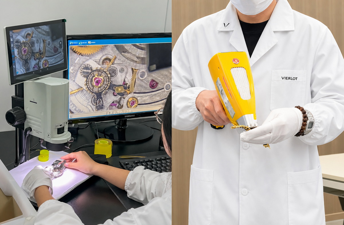 Vierlot authentication lab — microscopic inspection station and handheld material analyser