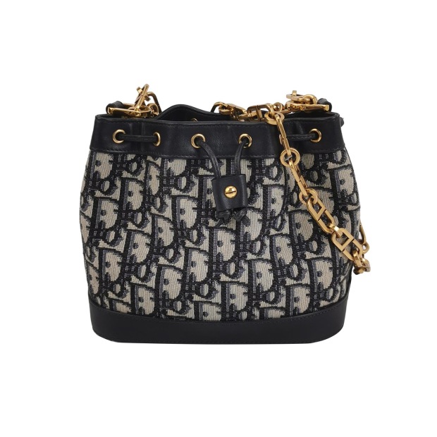 Christian Dior Oblique Jacquard Drawstring Bucket Bag Black Leather — pre-owned, Vierlot