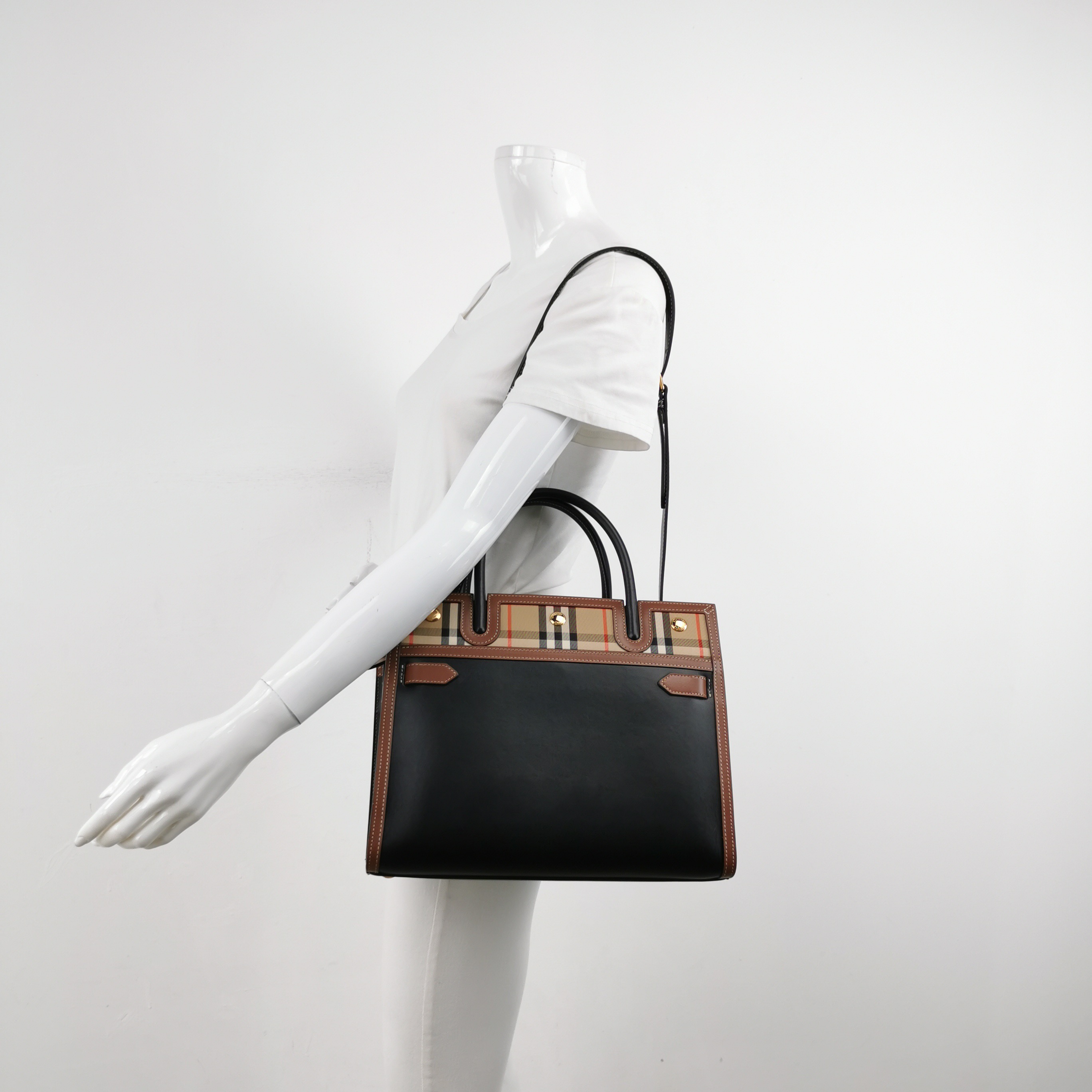 Burberry Title Two Handle Tote Leather with Vintage Check Canvas Small — alternate view