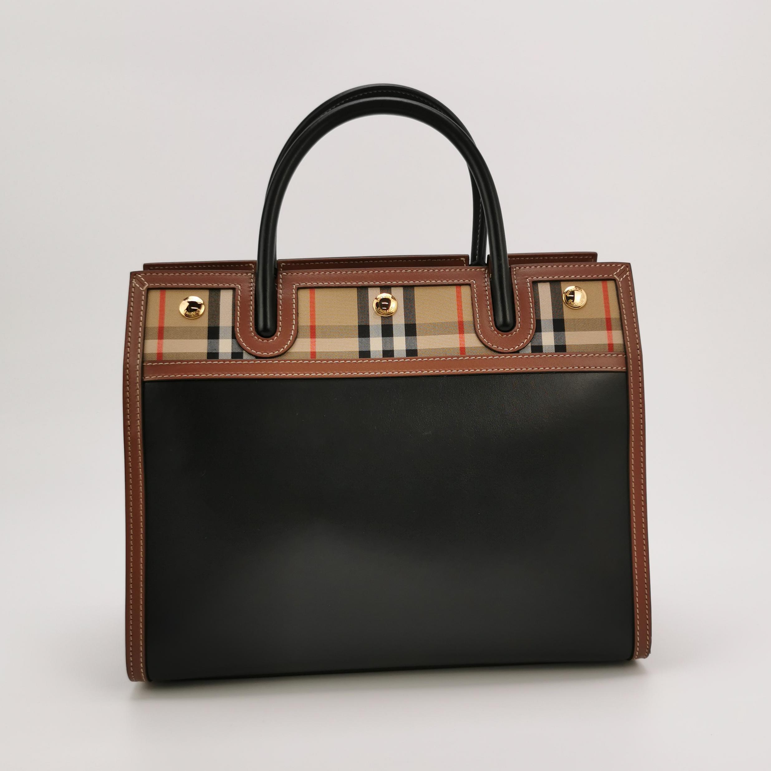 Burberry Title Two Handle Tote Leather with Vintage Check Canvas Small — photo 3 of 16