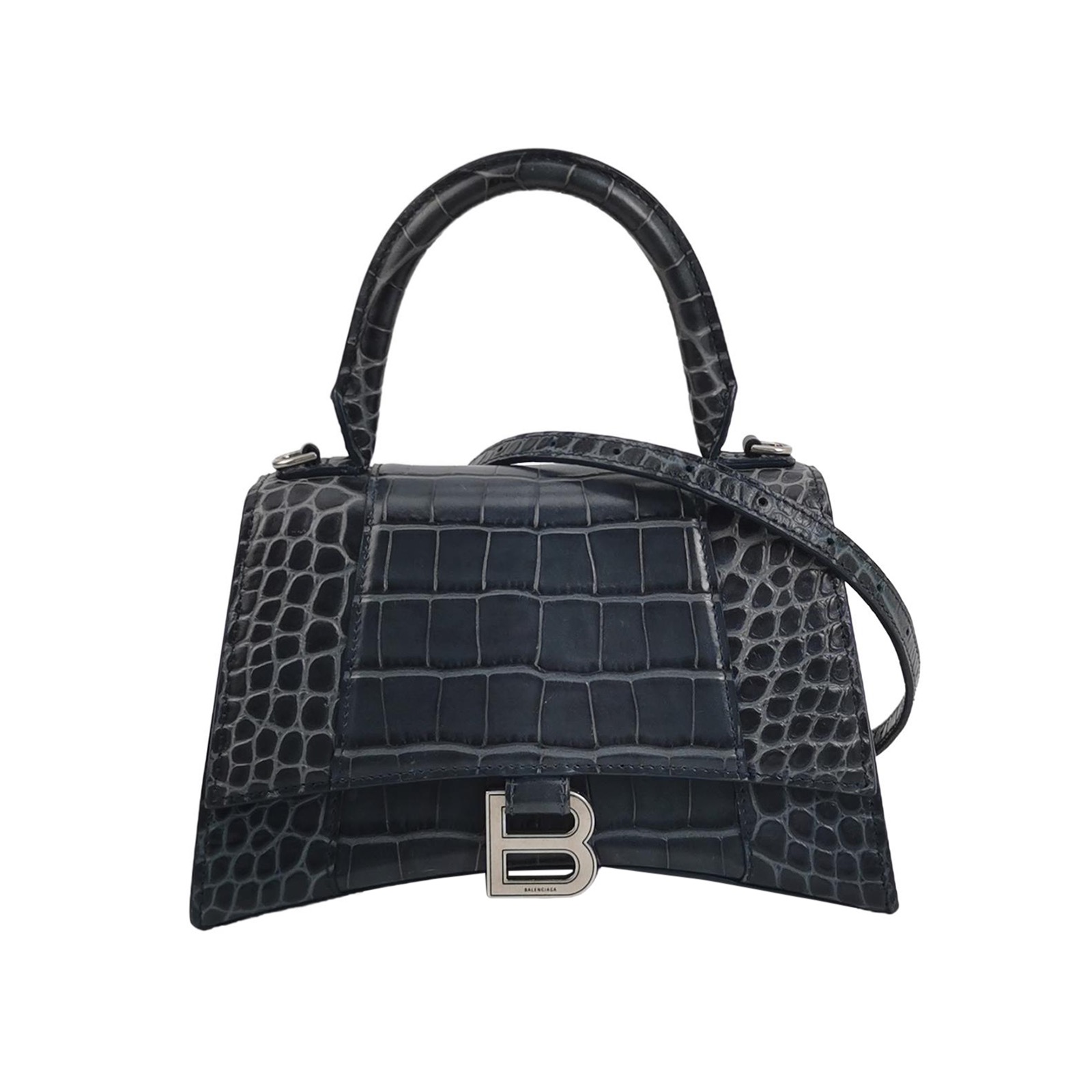Balenciaga Hourglass Top Handle Bag Crocodile Embossed Leather Small
