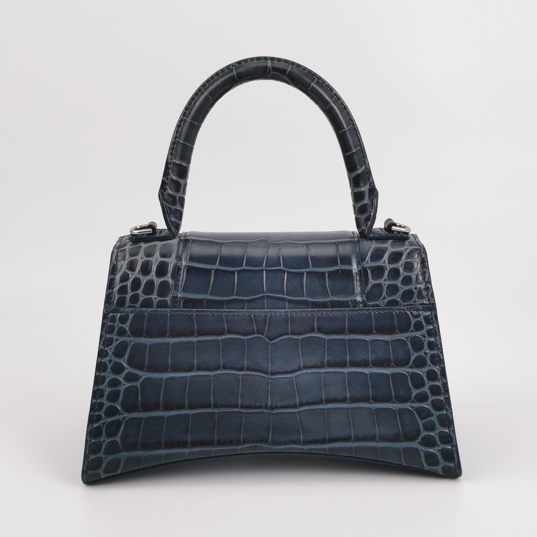 Balenciaga Hourglass Top Handle Bag Crocodile Embossed Leather Small