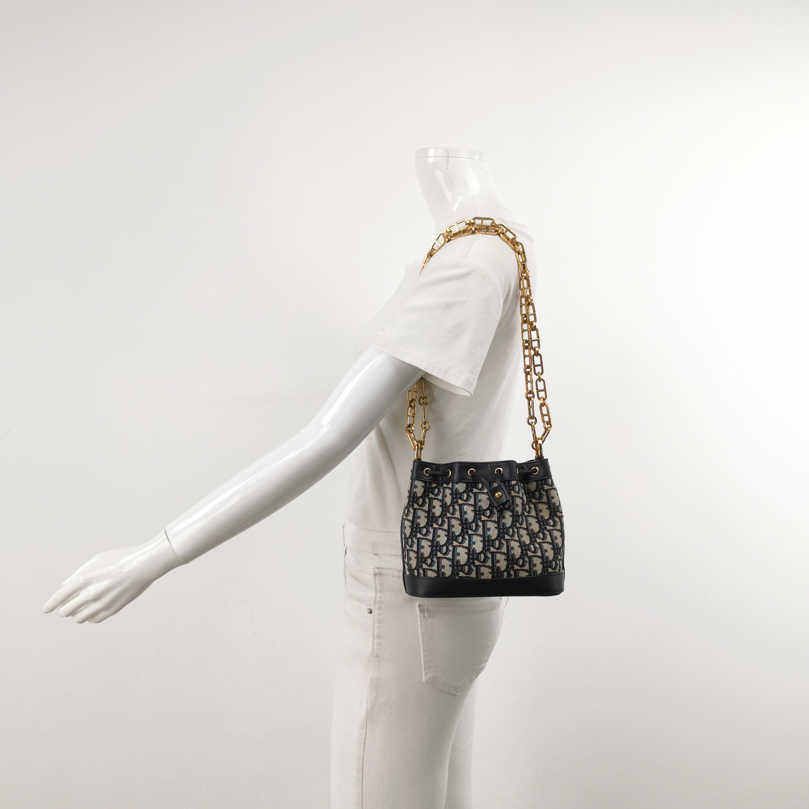 Christian Dior Oblique Jacquard Drawstring Bucket Bag Black Leather — alternate view
