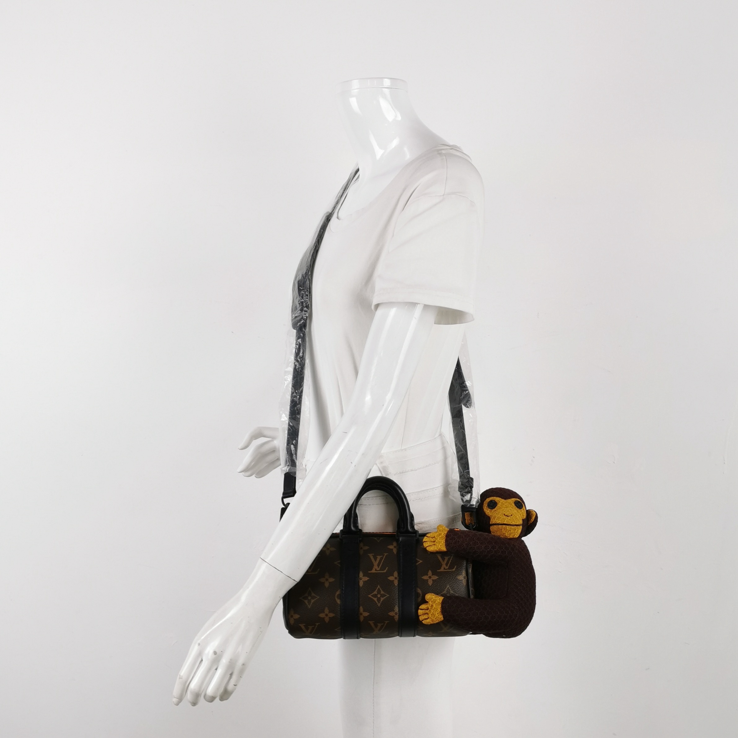 Louis Vuitton(LV) Keepall Bandouliere Bag Monogram Canvas with LV Friends Plush Monkey XS — alternate view
