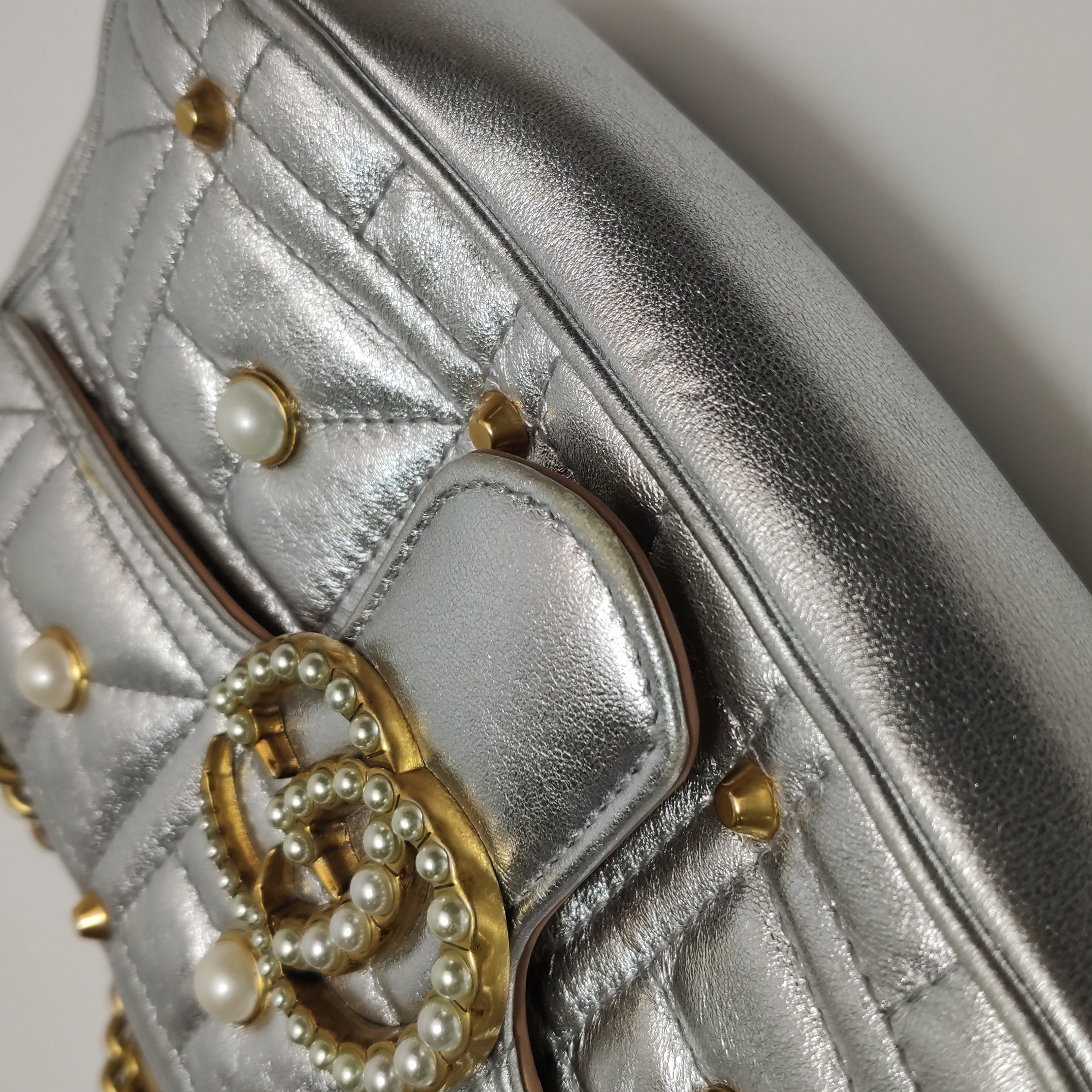 Gucci Pearly GG Marmont Flap Bag Embellished Matelasse Leather Mini — photo 16 of 20
