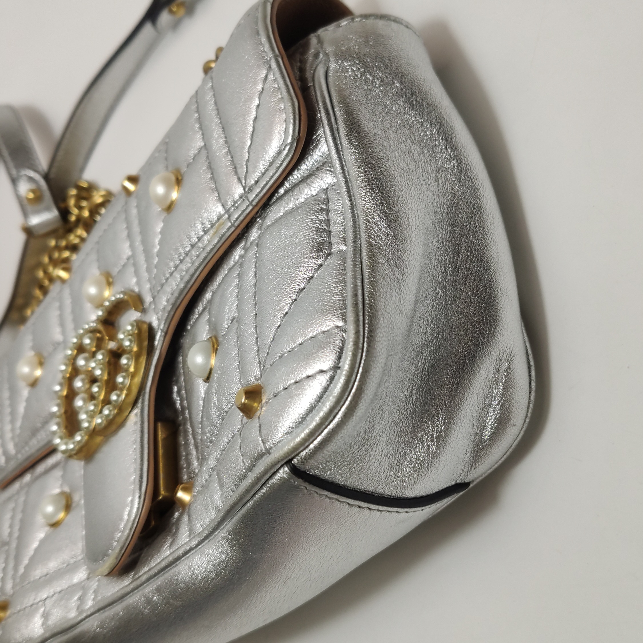 Gucci Pearly GG Marmont Flap Bag Embellished Matelasse Leather Mini — photo 14 of 20