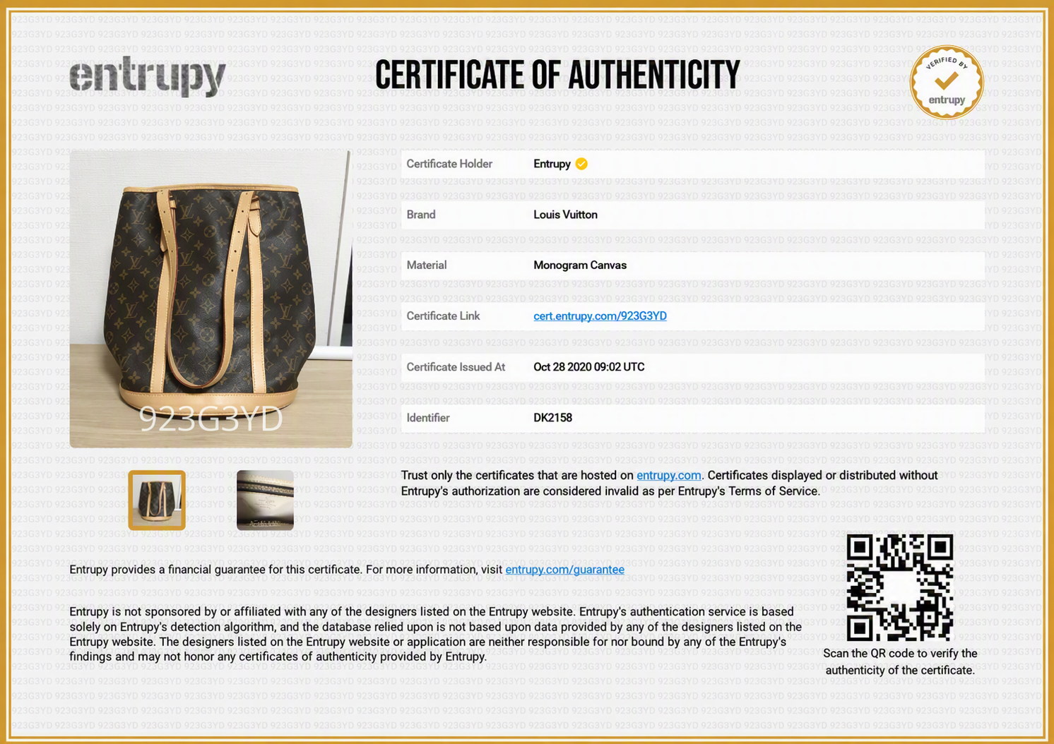 Sample Entrupy Certificate of Authenticity issued for an authenticated handbag