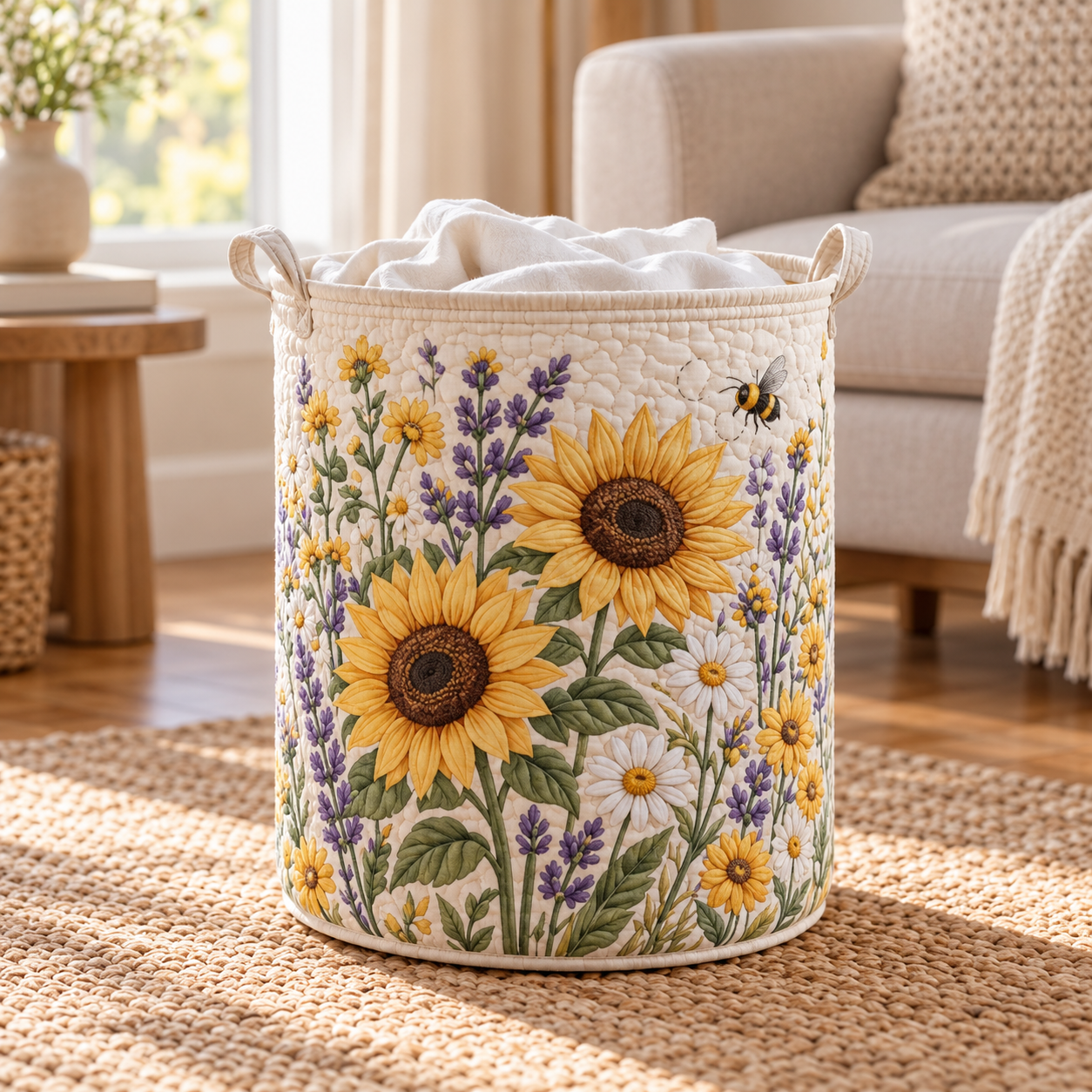 Sunflower Lavender Garden Quilted Laundry Basket