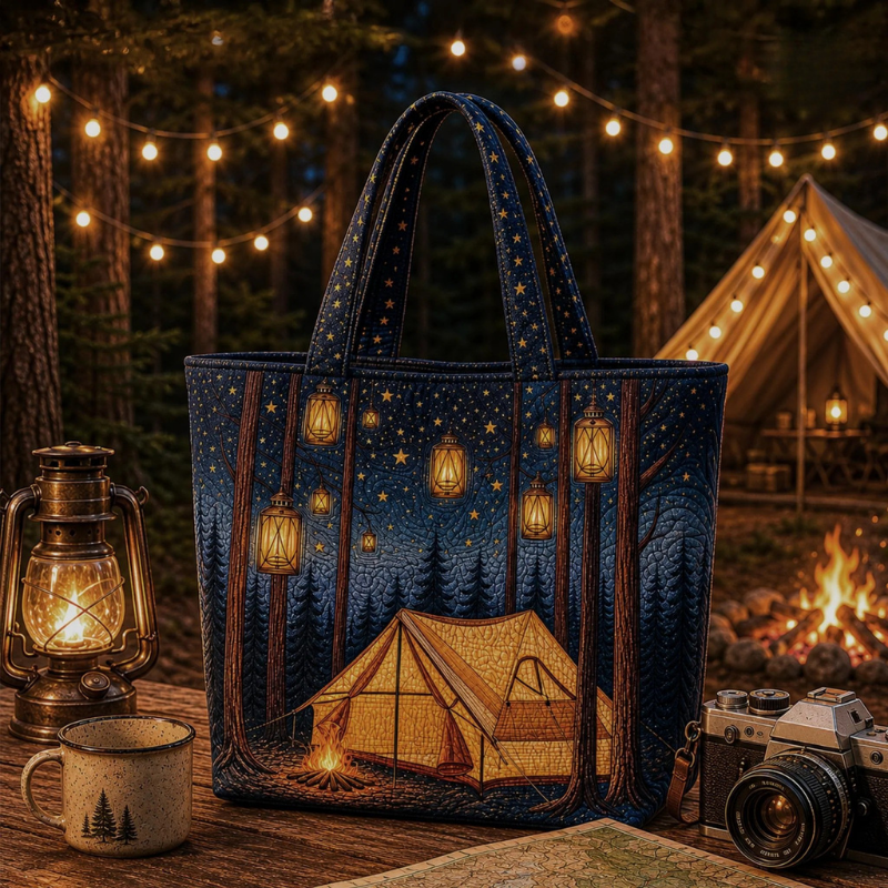 Starry Night Camping Quilted Tote Bag