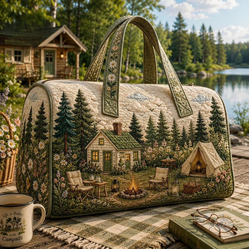 Cozy Lakeside Cabin & Campfire Quilted Duffle Bag