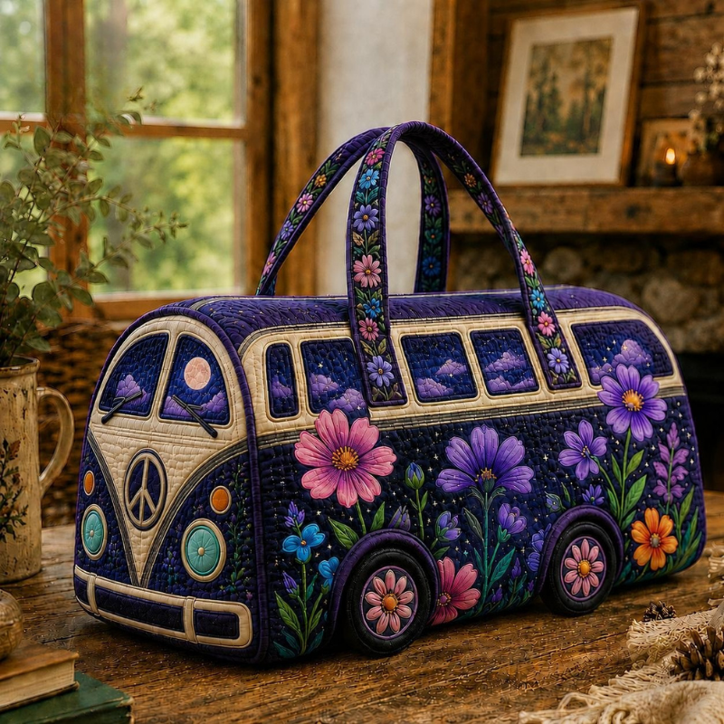 Purple Wildflower Peace Bus Quilted Duffle Bag