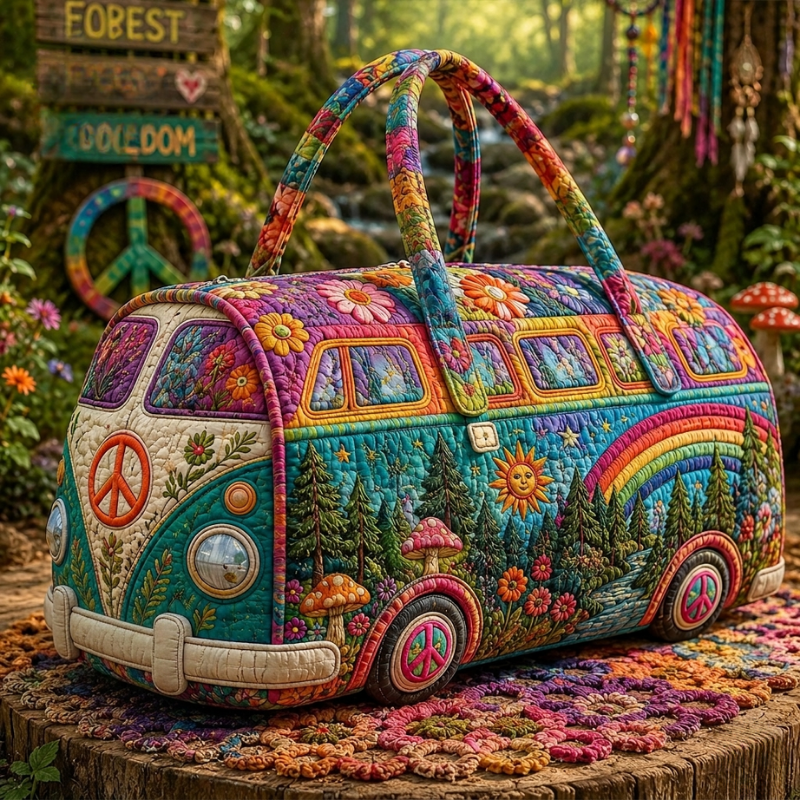 Rainbow Hippie Camper Van Quilted Duffle Bag
