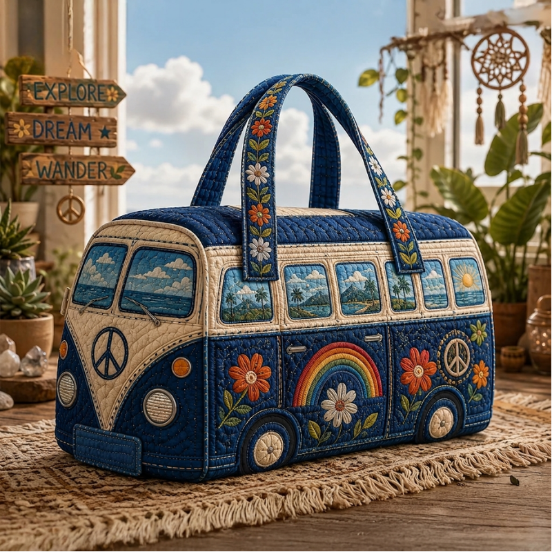 Boho Rainbow Peace Van Quilted Duffle Bag