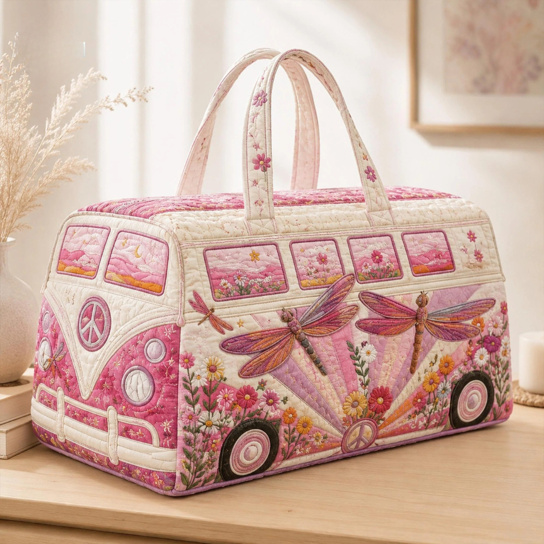 Pink Dragonfly Garden Quilted Duffle Bag