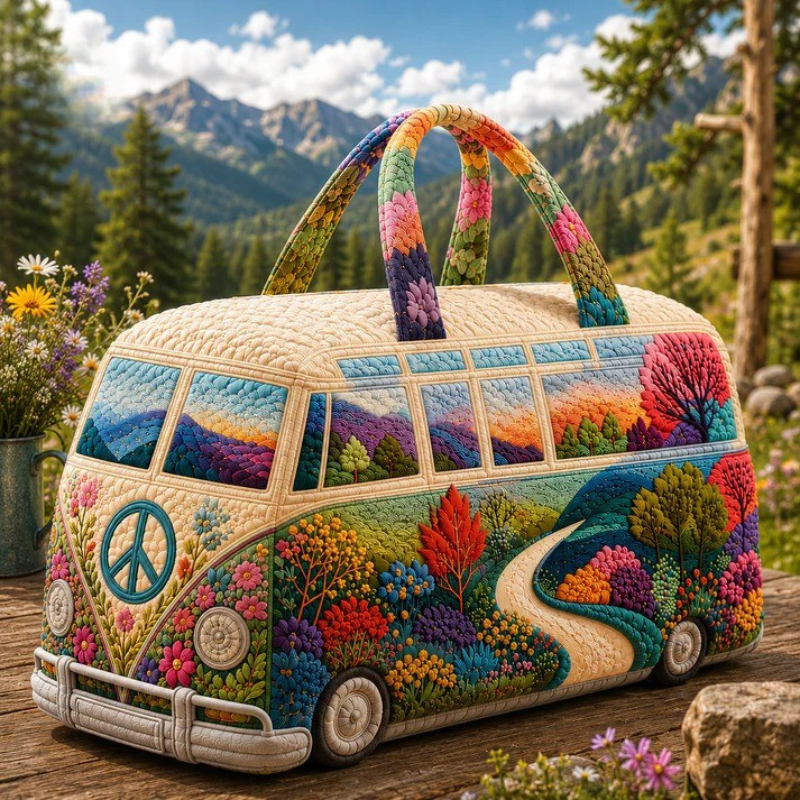 Colorful Mountain Camper Van Personalized Quilted Duffle Bag