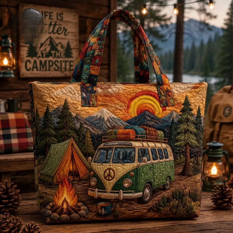 Sunset Camper Van Quilted Tote Bag