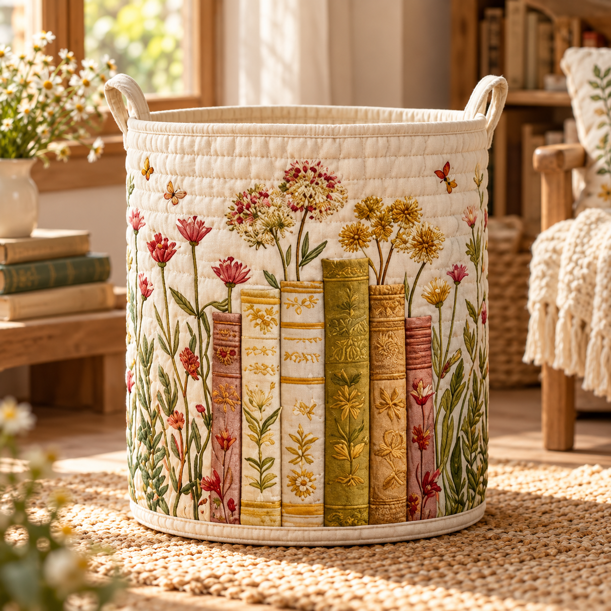 Vintage Books & Wildflowers Quilted Laundry Basket