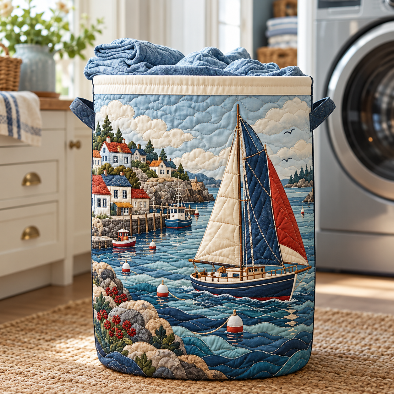 Sailboat Harbor Village Quilted Laundry Basket
