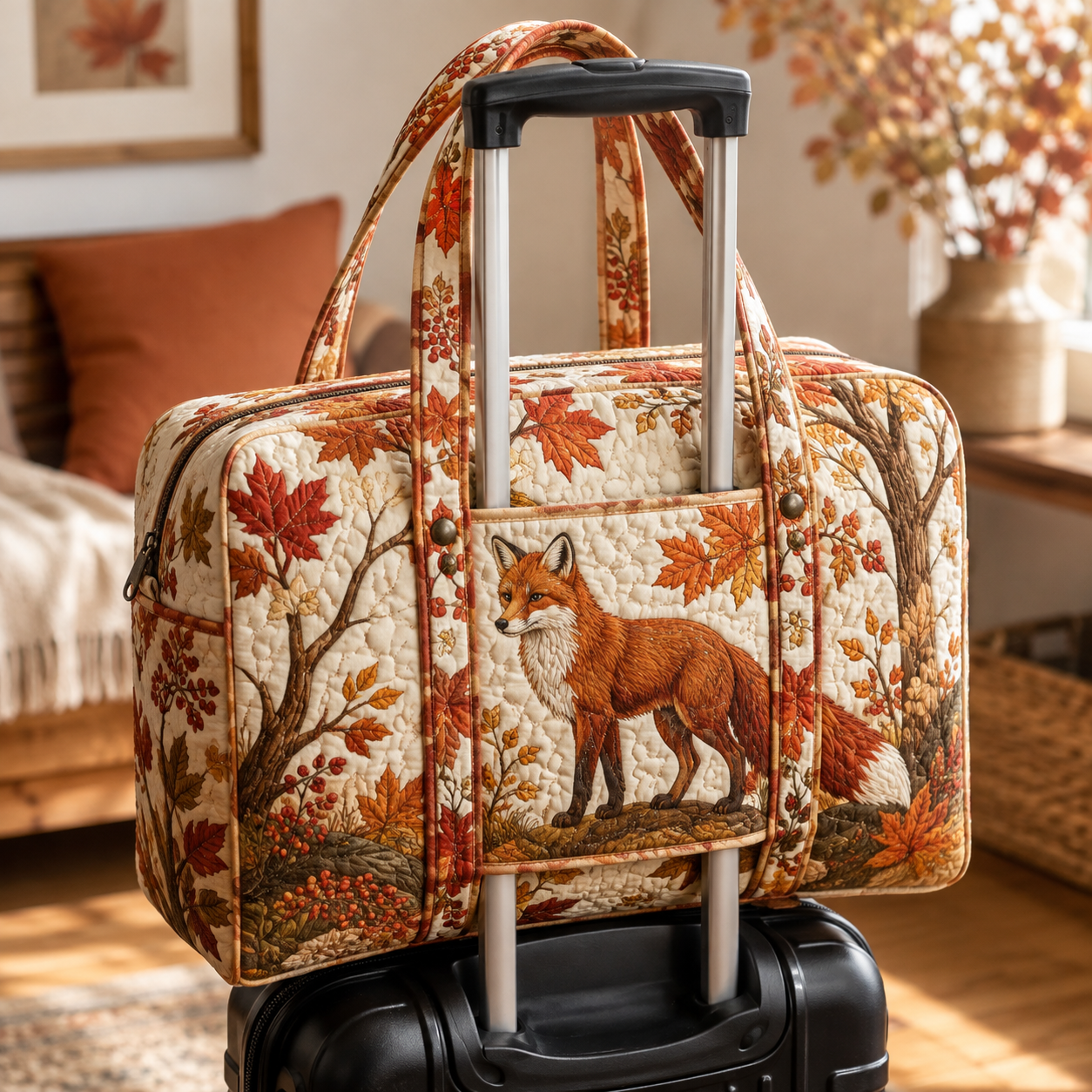 Autumn Fox Woodland Quilted Weekender Bag With Trolley Sleeve