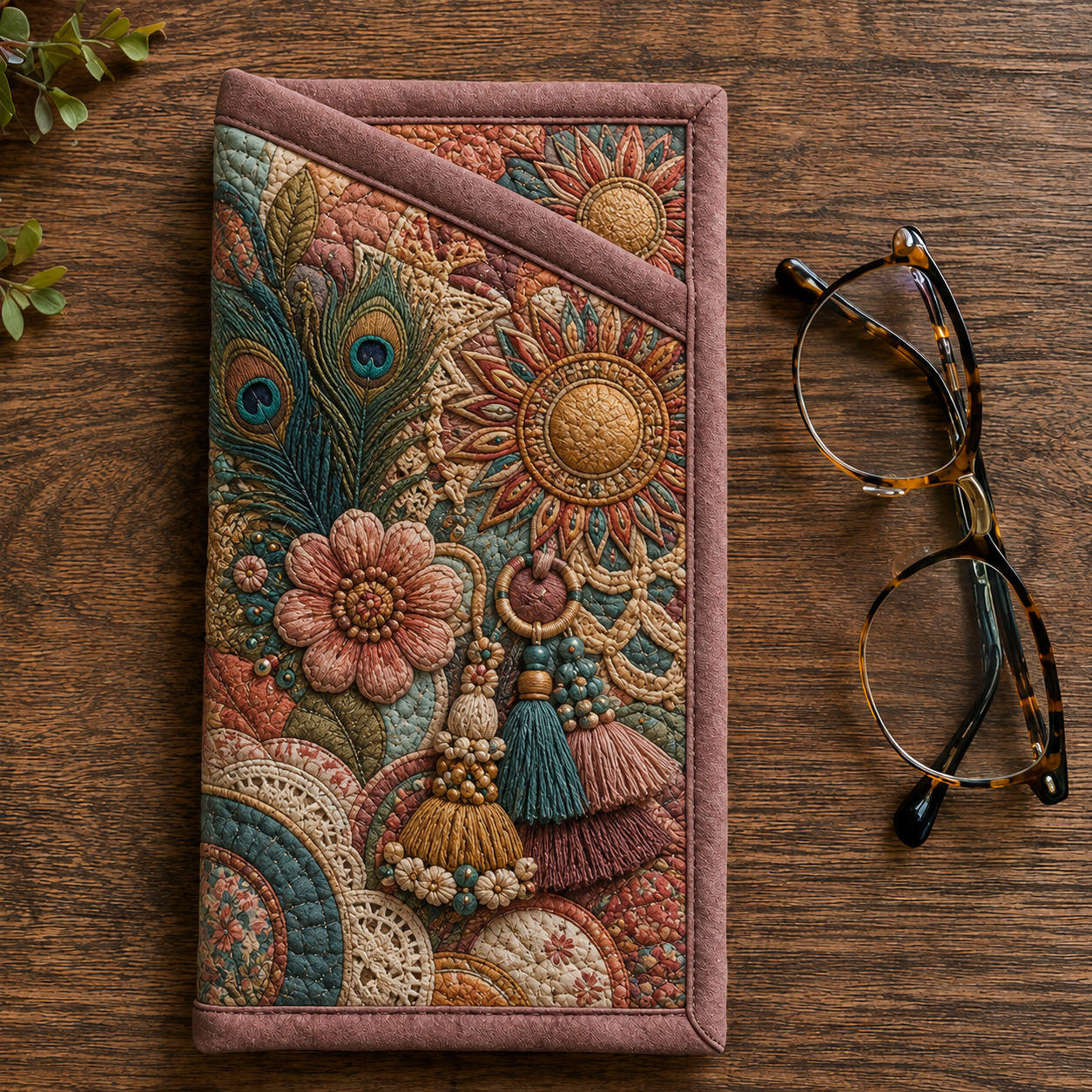 Bohemian Peacock Floral Mandala Quilted Eyeglass Case