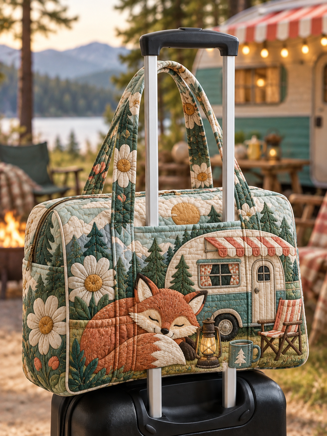 Fox Camper Van Daisy Meadow Quilted Weekender Bag With Trolley Sleeve
