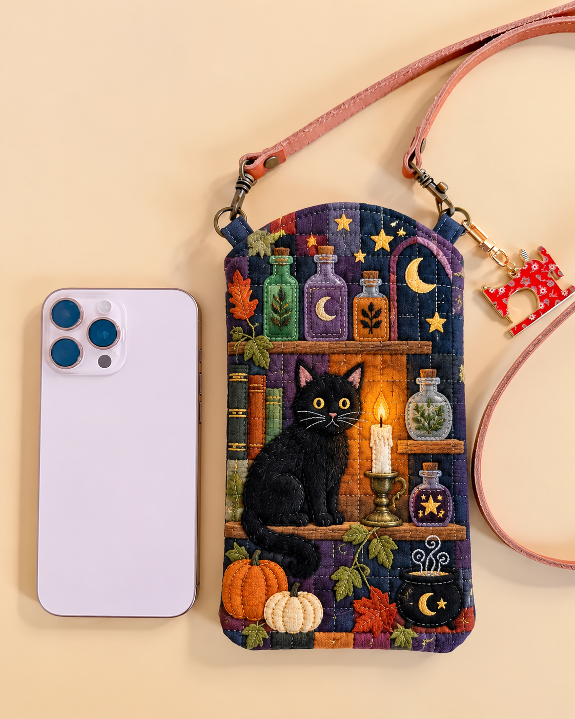 Black Cat Witchy Library Quilted Slim Phone Crossbody Bag