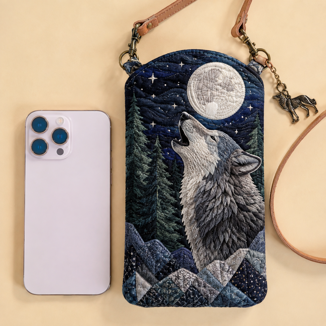 Moonlit Wolf Forest Night Quilted Slim Phone Crossbody Bag