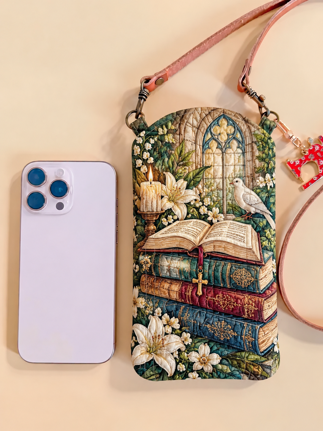 Vintage Bible Stack & Lilies Quilted Slim Phone Crossbody Bag