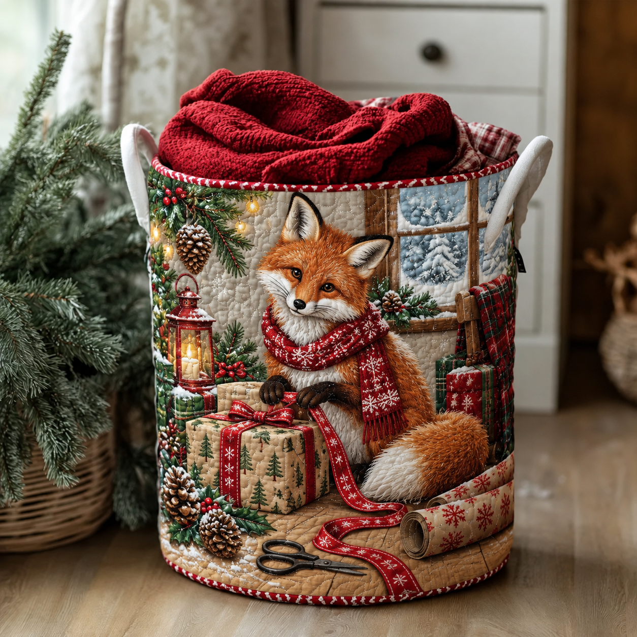 Festive Fox Gift Giving Quilted Laundry Basket