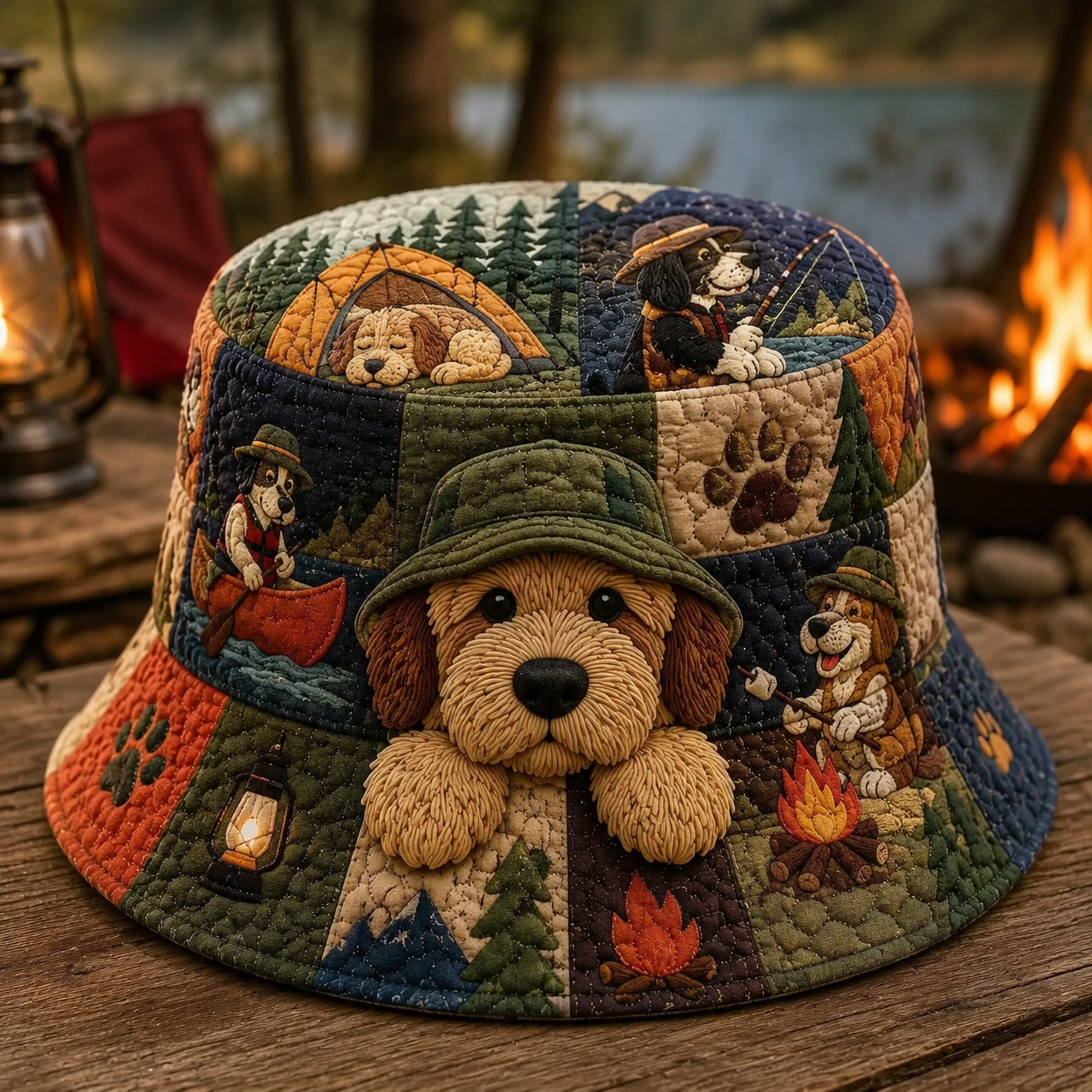 Patchwork Camping Puppy Quilted Fishing Hat