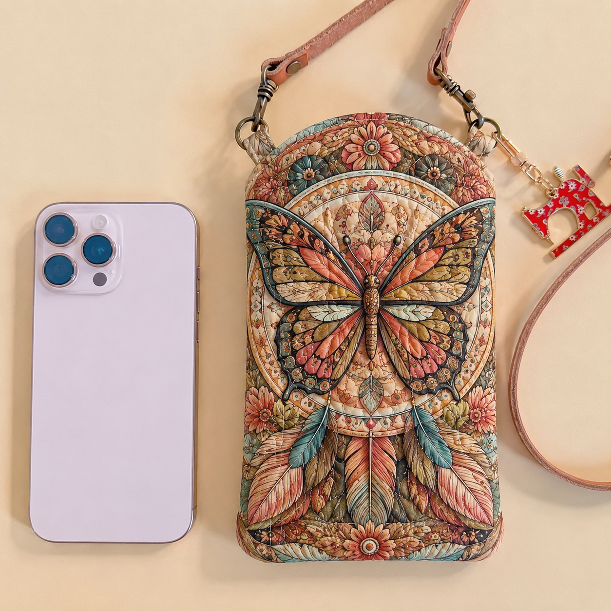 Ornate Monarch Butterfly Art Quilted Slim Phone Crossbody Bag