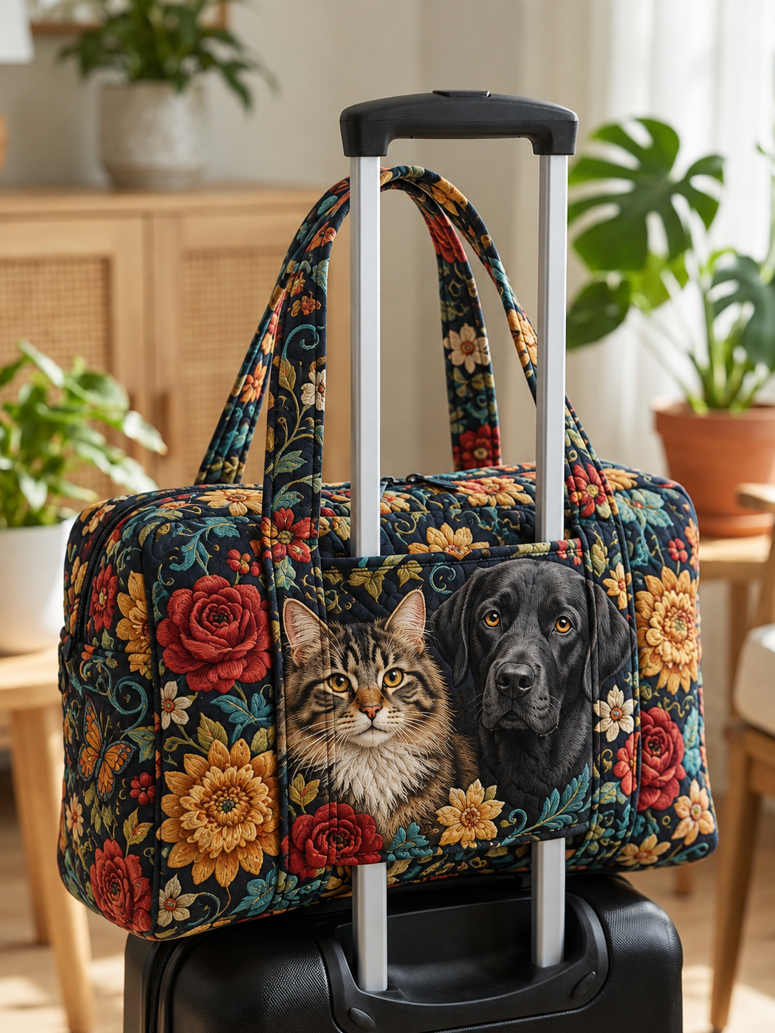 Floral Cat & Black Labrador Quilted Weekender Bag With Trolley Sleeve