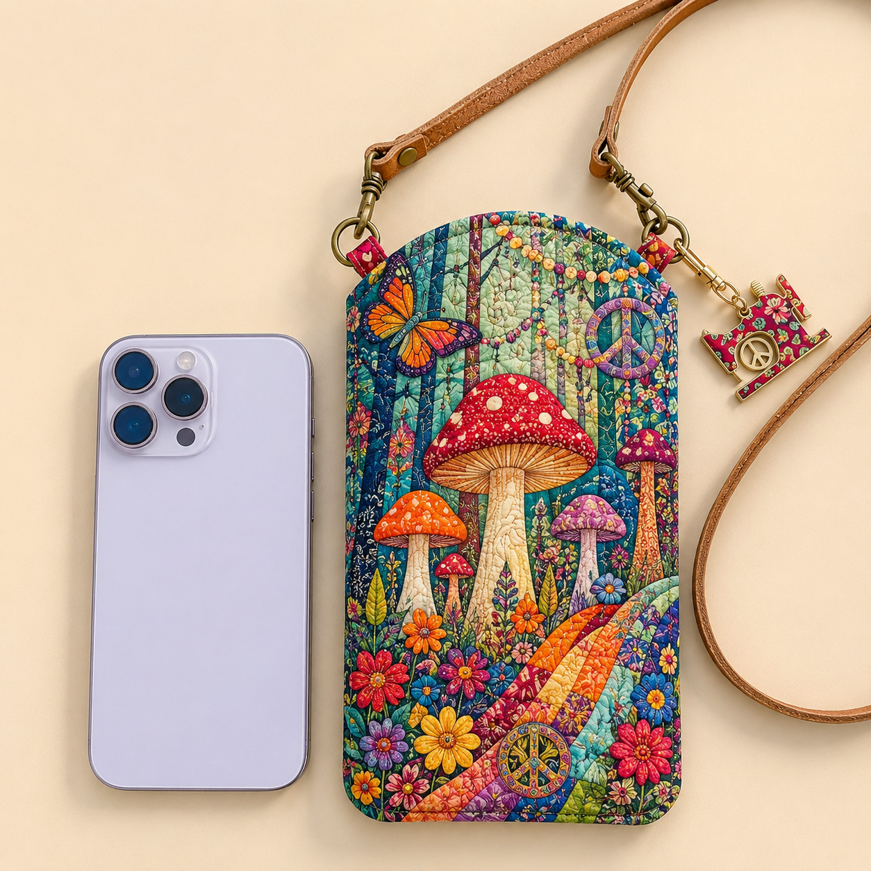 Colorful Mushroom Garden Quilted Slim Phone Crossbody Bag