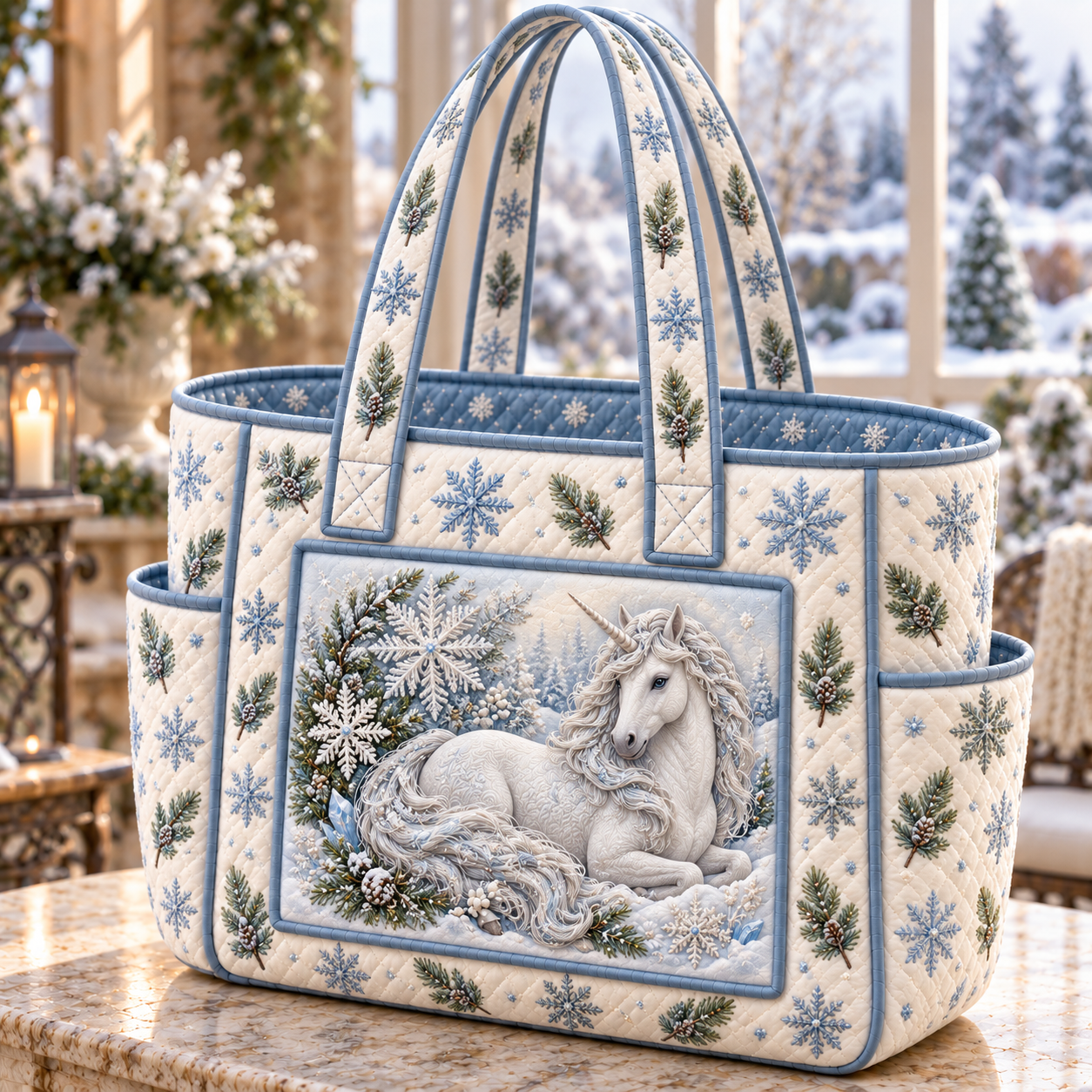 Snowflake Winter Unicorn Multiple Pockets Quilted Tote Bag